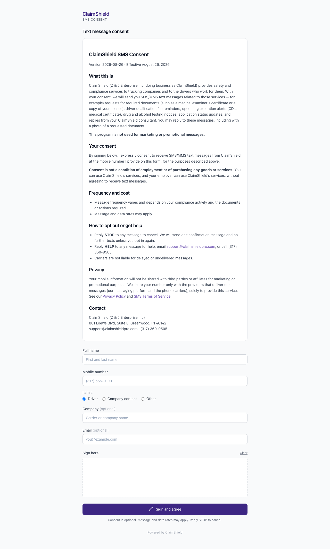 The ClaimShield SMS consent form: the full disclosure, name and mobile number fields, a signature box, and a Sign and agree button